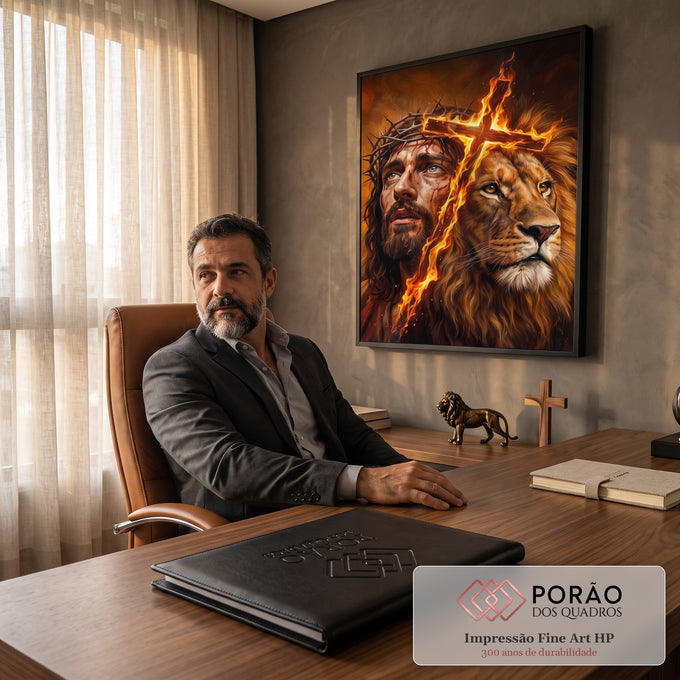 Quadro Decorativo Grande Jesus e Leão para Sala Laranja | quadros decorativos | rosto de Jesus e cabeça de leão unidos por cruz em chamas em tons de laranja | em ambiente 2 | Porao dos Quadros