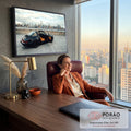 Porsche 911 Targa preto com interior caramelo e portas abertas diante do skyline de Nova York, quadro decorativo