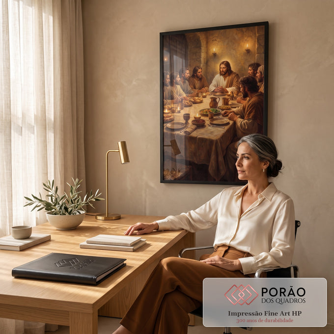 Quadro Decorativo Grande Santa Ceia Jesus para Sala Marrom | quadros decorativos | Jesus e apóstolos reunidos à mesa em cena da Santa Ceia com velas acesas | em ambiente 2 | Porao dos Quadros