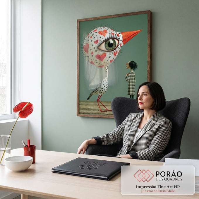 Ave surreal de olho verde gigante com corações vermelhos diante de figura em xadrez, quadro decorativo
