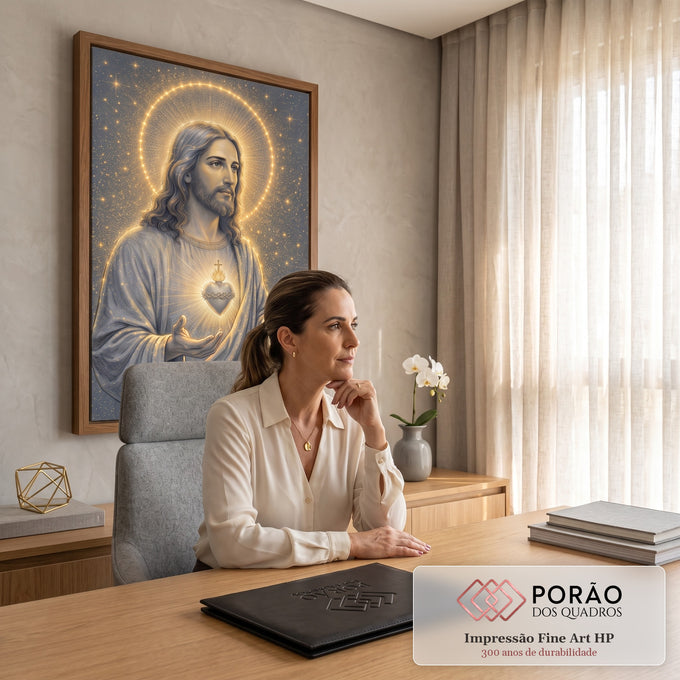 Quadro Decorativo Grande Sagrado Coração Estrelas para Sala | quadros decorativos | Jesus Cristo com Sagrado Coração dourado e halo de estrelas sobre fundo escuro | em ambiente 2 | Porao dos Quadros