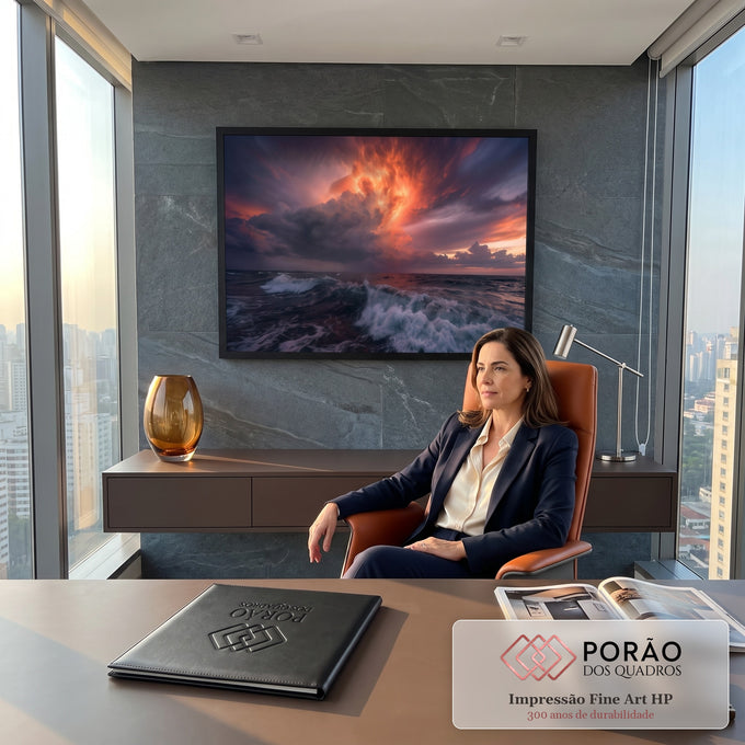 Quadro Decorativo Grande Céu de Fogo para Sala Laranja | quadros decorativos | céu em tons de fogo com nuvem em formato de labareda sobre mar agitado | em ambiente 2 | Porao dos Quadros