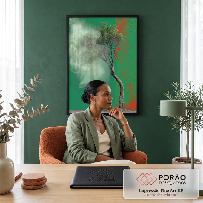 Árvore de tronco retorcido com copa se desfazendo em fumaça verde diante de parede verde, quadro decorativo