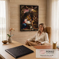 Quadro Decorativo Grande Natividade Sagrada para Sala Marrom | quadros decorativos | natividade barroca com Maria, José, anjos, pastores e cão ao redor do menino Jesus | em ambiente 2 | Porao dos Quadros