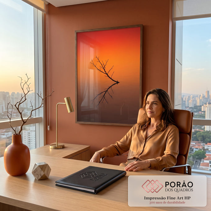 Galho seco em silhueta refletido na água parada sob céu vermelho e laranja do pôr do sol, quadro decorativo