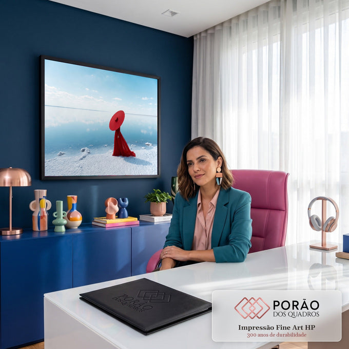 Mulher de vestido e chapéu vermelhos à beira de lago de sal espelhado sob céu azul, quadro decorativo