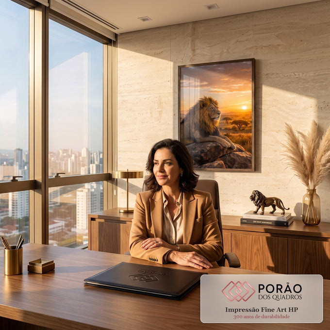 Quadro Decorativo Grande Leão na Savana para Sala Dourado | quadros decorativos | leão deitado em rocha com savana e pôr do sol ao fundo | em ambiente 2 | Porao dos Quadros