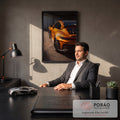 Quadro Decorativo Grande Traseira de Carro para Sala Laranja | quadros decorativos | carro esportivo laranja visto de cima em ângulo traseiro com aerofólio preto | em ambiente 2 | Porao dos Quadros