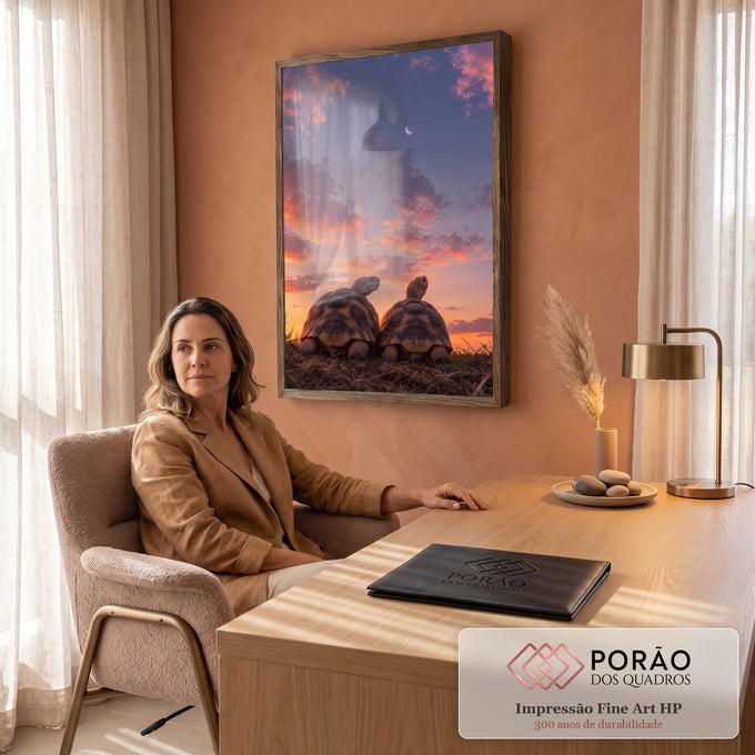 Quadro Decorativo Grande Tartarugas Observando para Sala | quadros decorativos | duas tartarugas em primeiro plano contra céu rosa de pôr do sol com lua crescente | em ambiente 2 | Porao dos Quadros