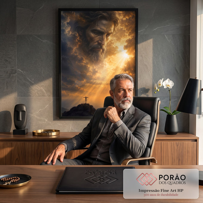 Quadro Decorativo Grande Rosto Divino para Sala Dourado | quadros decorativos | rosto divino formado em nuvens douradas sobre crucifixo em penhasco ao entardecer | em ambiente 2 | Porao dos Quadros