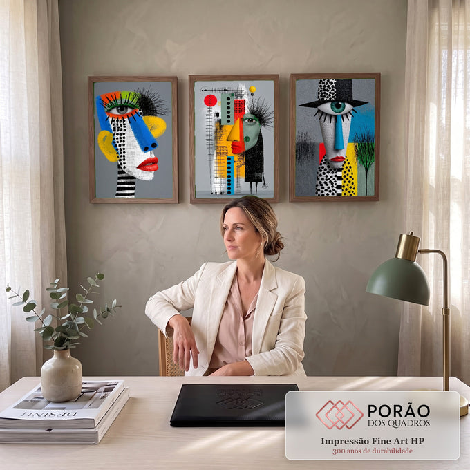 Quadro Decorativo Kit 3 Telas Rostos Cubistas para Sala | quadros decorativos | três rostos cubistas coloridos com formas geométricas e cílios espetados em preto | em ambiente 2 | Porao dos Quadros