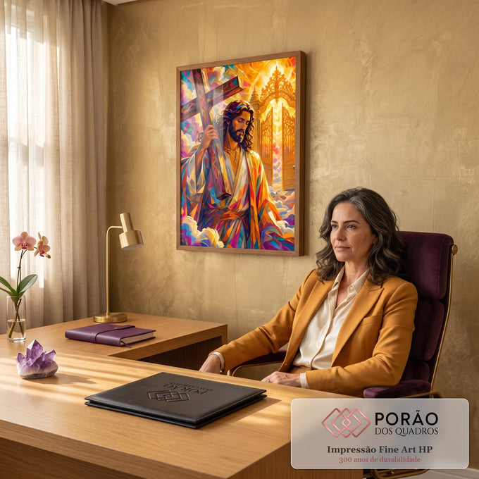 Quadro Decorativo Grande Jesus Cruz para Sala Dourado | quadros decorativos | Jesus Cristo segurando cruz de madeira diante de portão dourado em mosaico colorido | em ambiente 2 | Porao dos Quadros