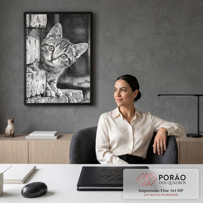 Filhote de gato listrado espiando entre degraus de pedra em grafite preto e branco, quadro decorativo