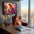 Quadro Decorativo Grande Jesus com Cordeiro para Sala Roxo | quadros decorativos | homem de manto segurando cordeiro branco com fundo abstrato colorido | em ambiente 2 | Porao dos Quadros