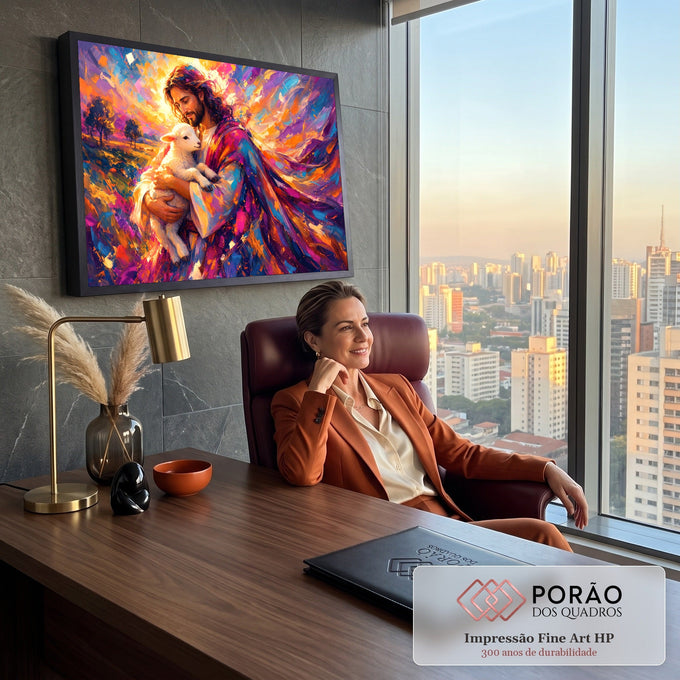 Quadro Decorativo Grande Jesus com Cordeiro para Sala Roxo | quadros decorativos | homem de manto segurando cordeiro branco com fundo abstrato colorido | em ambiente 2 | Porao dos Quadros