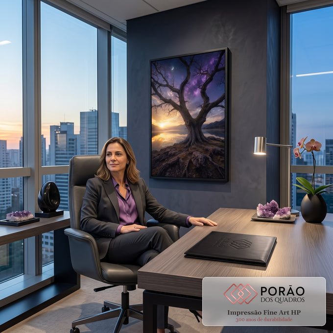Quadro Decorativo Grande Árvore o Pôr do Sol para Sala Preto | quadros decorativos | árvore silhueta entre pôr do sol dourado e céu estrelado roxo com lua crescente | em ambiente 2 | Porao dos Quadros