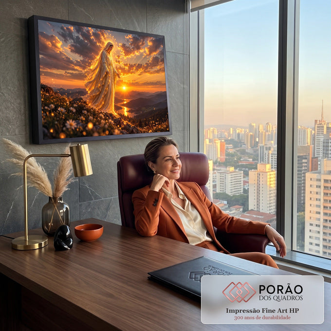 Nossa Senhora com auréola e manto luminoso sobre montanha ao pôr do sol laranja, quadro decorativo