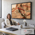 Mulher oriental em hanfu dançando com fitas vermelhas e verdes nas dunas do deserto, quadro decorativo