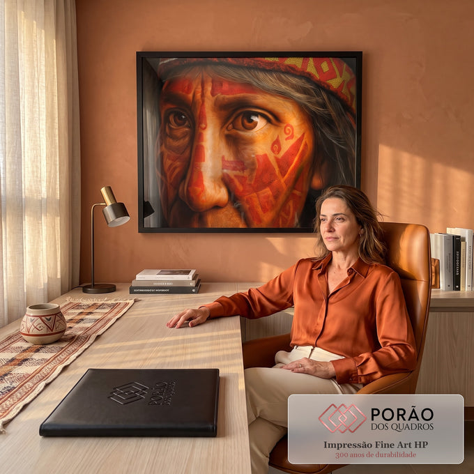 Rosto de ancião indígena com pintura facial tribal vermelha e faixa geométrica na cabeça, quadro decorativo