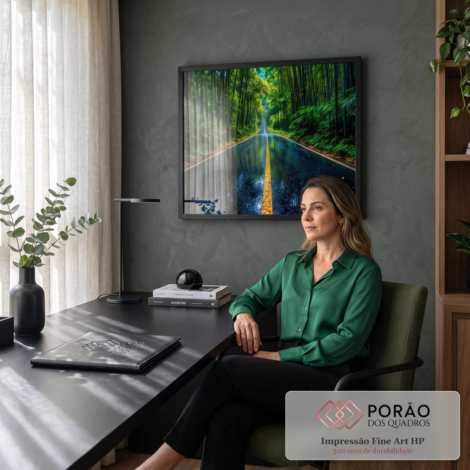 Quadro Decorativo Grande Estrada Molhada para Sala Verde | quadros decorativos | estrada molhada em perspectiva atravessando densa floresta de bambu verde | em ambiente 2 | Porao dos Quadros