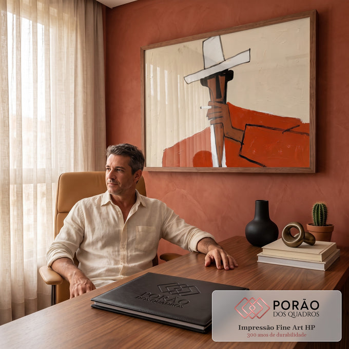 Quadro Decorativo Grande Homem de Chapéu para Sala Vermelho | quadros decorativos | figura estilizada de chapéu branco e casaco vermelho segurando um cigarro | em ambiente 2 | Porao dos Quadros