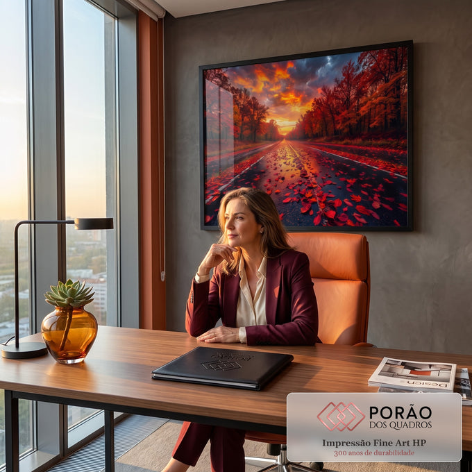 Quadro Decorativo Grande Estrada de Outono para Sala | quadros decorativos | estrada coberta de folhas vermelhas entre árvores de outono sob céu alaranjado ao pôr do sol | em ambiente 2 | Porao dos Quadros