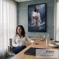 Quadro Decorativo Grande Jesus Salvando para Sala Branco | quadros decorativos | homem de túnica branca segurando braço de alguém na água durante tempestade | em ambiente 2 | Porao dos Quadros
