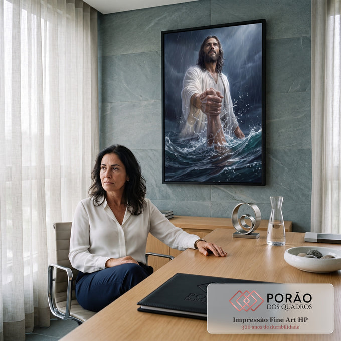 Quadro Decorativo Grande Jesus Salvando para Sala Branco | quadros decorativos | homem de túnica branca segurando braço de alguém na água durante tempestade | em ambiente 2 | Porao dos Quadros