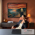 Quadro Decorativo Grande Grito de Edvard para Sala Vermelho | quadros decorativos | figura em grito numa ponte com céu vermelho ondulado ao fundo | em ambiente 2 | Porao dos Quadros