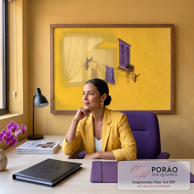 Parede amarela com janela de venezianas roxas, flores e varal com toalhas amarela e roxa, quadro decorativo
