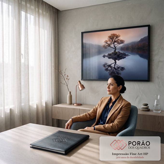 Quadro Decorativo Grande Árvore Solitária Natural para Sala | quadros decorativos | árvore de outono refletida num lago calmo com montanhas ao fundo | em ambiente 2 | Porao dos Quadros
