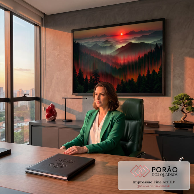 Quadro Decorativo Grande Montanhas ao Pôr do Sol para Sala | quadros decorativos | montanhas nebulosas ao pôr do sol com floresta coberta por linhas digitais vermelhas | em ambiente 2 | Porao dos Quadros