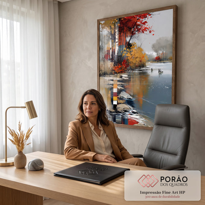 Quadro Decorativo Lago de Outono com Bétulas e Gansos | quadros decorativos | paisagem de outono com árvores vermelhas e douradas refletidas em lago com gansos | em Quadros para Escritorio | Porao dos Quadros