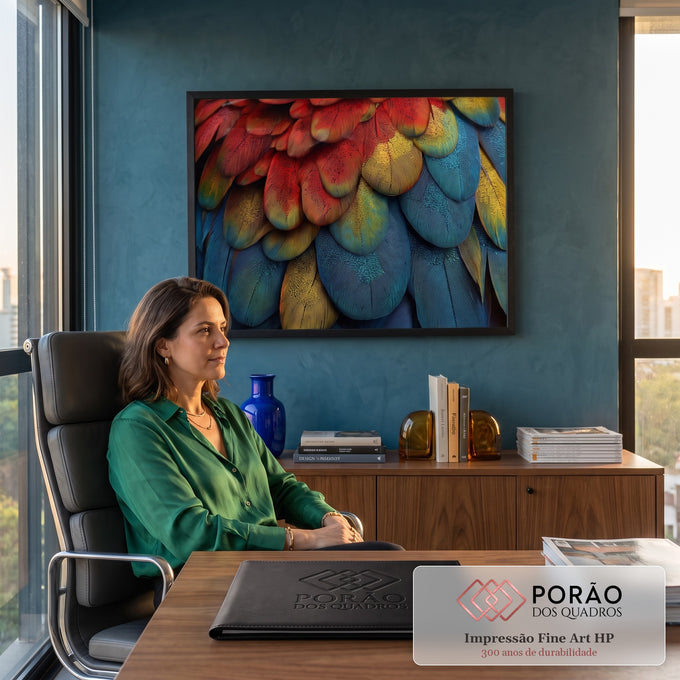 Quadro Decorativo Grande Penas de Arara Vermelho para Sala | quadros decorativos | close extremo de penas de arara em vermelho, dourado e azul petróleo | em ambiente 2 | Porao dos Quadros