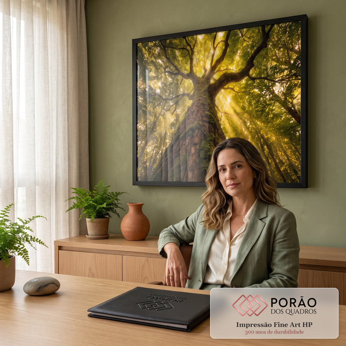 Quadro Decorativo Grande Árvore com Musgo Verde para Sala | quadros decorativos | tronco coberto de musgo visto de baixo com copa dourada e raios de sol | em ambiente 2 | Porao dos Quadros