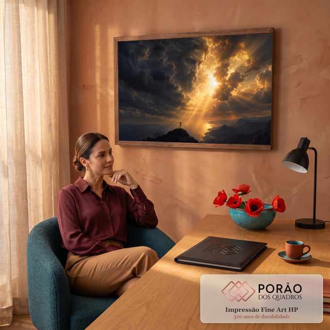 Quadro Decorativo Grande Rosto Divino Dourado para Sala | quadros decorativos | rosto divino nas nuvens com raios de luz e cruz sobre penhasco ao entardecer | em ambiente 2 | Porao dos Quadros