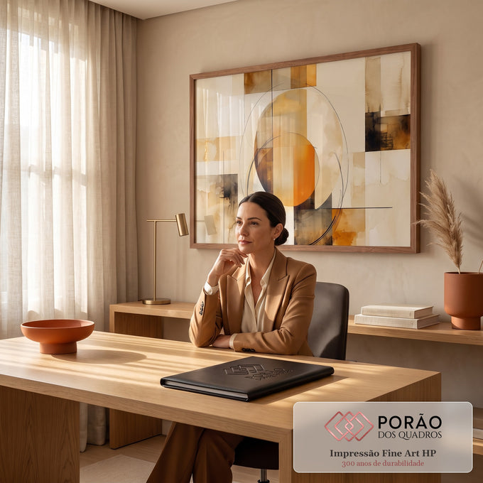 Quadro Decorativo Grande Abstrato Geometrico para Sala | quadros decorativos | círculos sobrepostos em laranja e bege com blocos geométricos em aquarela | em ambiente 2 | Porao dos Quadros