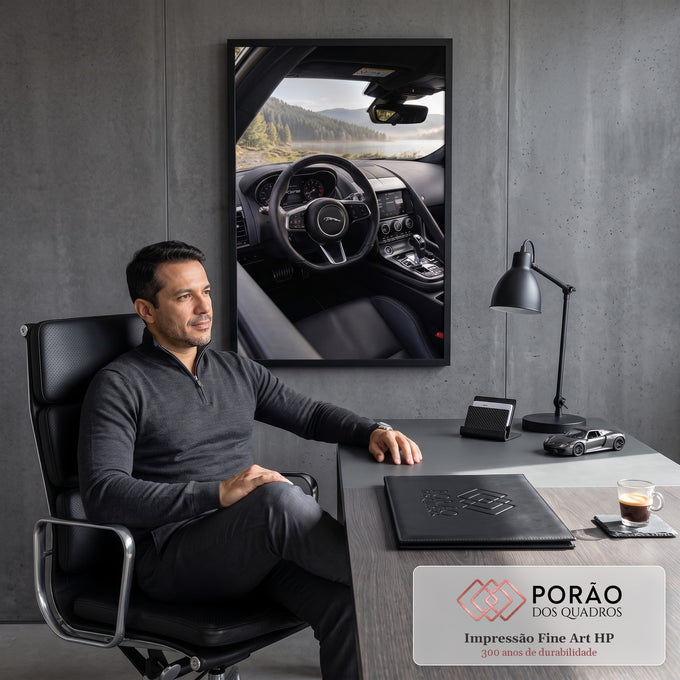 Interior de carro esportivo preto com volante e vista para lago, pinheiros e montanhas, quadro decorativo
