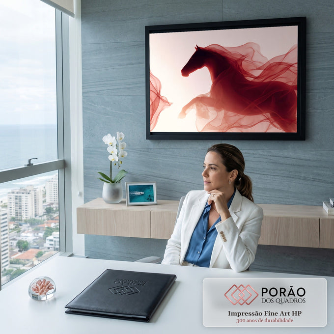 Quadro Decorativo Grande Cavalo em Silhueta para Sala | quadros decorativos | silhueta de cavalo com crina transformada em véus vermelhos translúcidos sobre fundo claro | em ambiente 2 | Porao dos Quadros