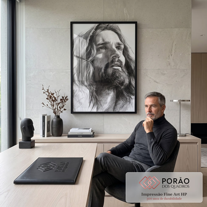 Quadro Decorativo Jesus Cristo em Desenho Realista a Lápis | quadros decorativos | retrato a lápis de Jesus Cristo com manto e capuz olhando para cima | em Quadros para Quarto | Porao dos Quadros