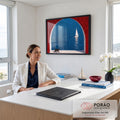 Quadro Decorativo Grande Gato Preto para Sala Vermelho | quadros decorativos | gato preto caminhando em janela arqueada vermelha com veleiro navegando no mar azul | em ambiente 2 | Porao dos Quadros