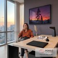 Quadro Decorativo Grande Pinheiros ao Entardecer para Sala | quadros decorativos | pinheiros em silhueta contra céu roxo e laranja com montanhas e lua crescente | em ambiente 2 | Porao dos Quadros
