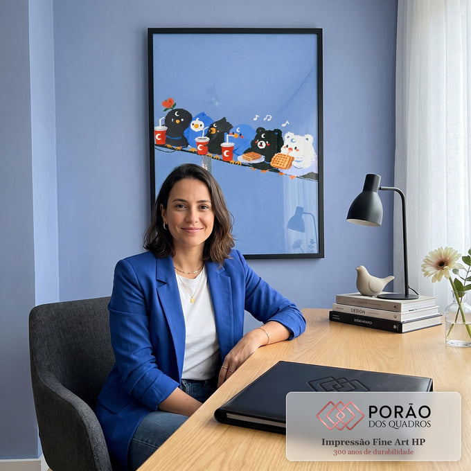 Quadro Decorativo Passarinhos e Ursinhos Fofos no Fio Azul | quadros decorativos | seis bichinhos fofos, pássaros e ursos, sentados num fio azul comendo waffle e bebendo refrigerante | em Quadros para Sala | Porao dos Quadros