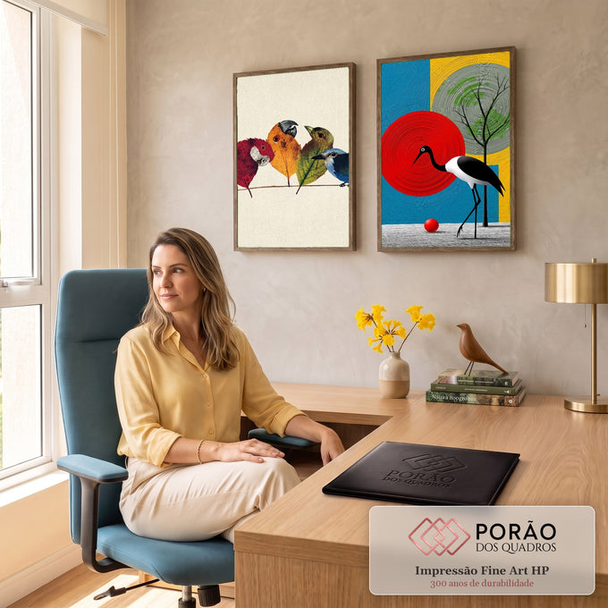 Quadro Decorativo Kit 2 Telas Aves de Folhas para Sala | quadros decorativos | pássaros feitos de folhas secas e cegonha preta e branca sobre círculos coloridos | em ambiente 2 | Porao dos Quadros