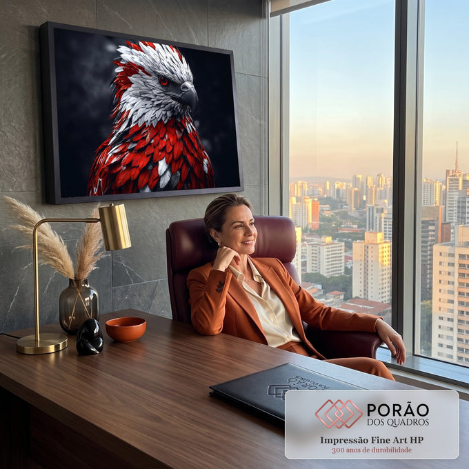 Águia de perfil com penas vermelhas e brancas, olho vermelho e bico cinza em fundo escuro, quadro decorativo