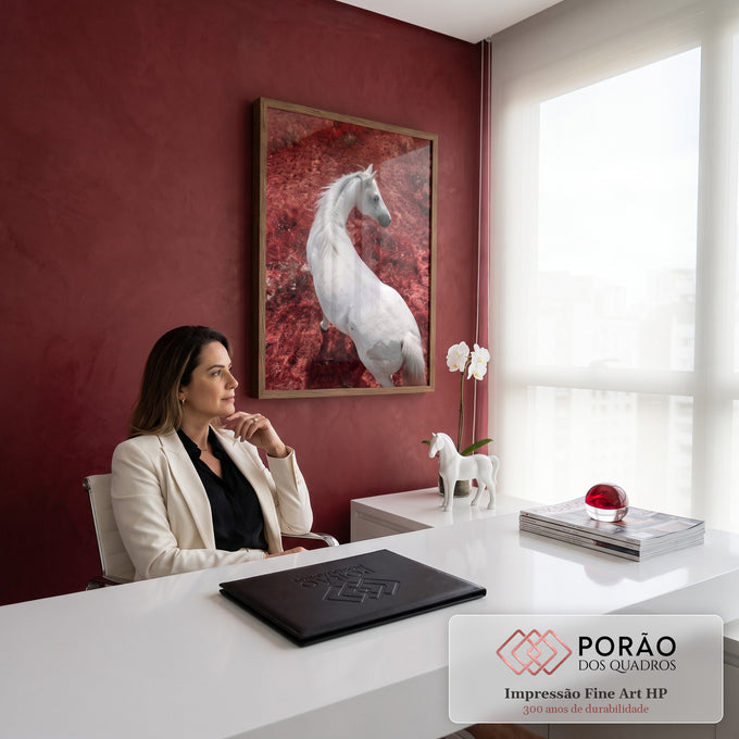 Cavalo branco de costas olhando para o lado em campo vermelho infravermelho, quadro decorativo
