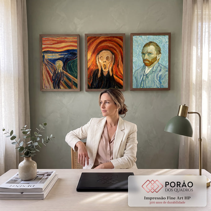 Quadro Decorativo Kit 3 Telas Grito Autorretrato para Sala | quadros decorativos | tríptico com O Grito de Munch e autorretrato de Van Gogh em cores vibrantes | em ambiente 2 | Porao dos Quadros