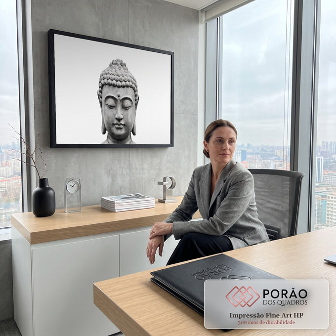 Cabeça de Buda esculpida em pedra cinza, olhos fechados e cachos espirais, fundo branco, quadro decorativo