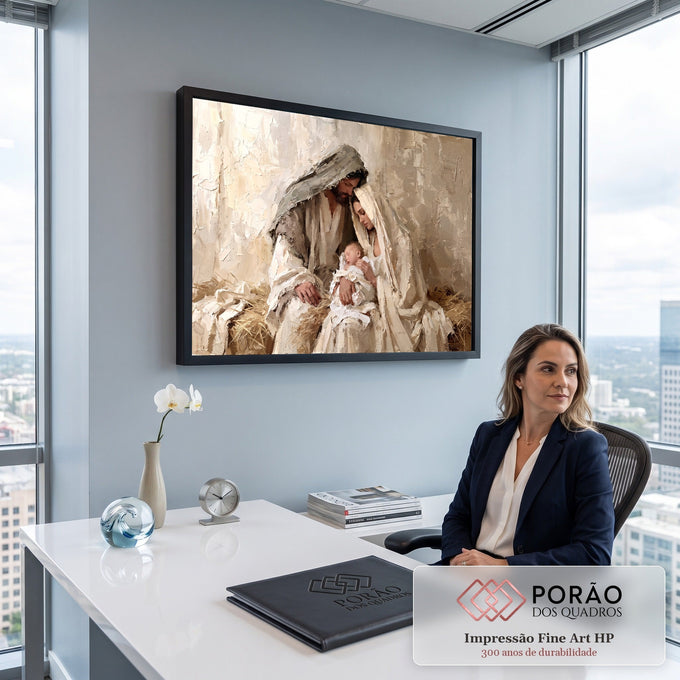 Maria, José e o Menino Jesus no presépio em pintura a óleo com espátula em tons bege, quadro decorativo