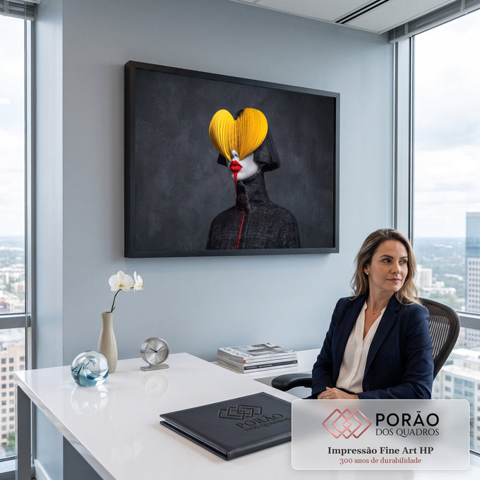 Quadro Decorativo Grande Coração de Papel para Sala Amarelo | quadros decorativos | rosto com coração de papel amarelo cobrindo os olhos e lábios vermelhos escorrendo | em ambiente 2 | Porao dos Quadros